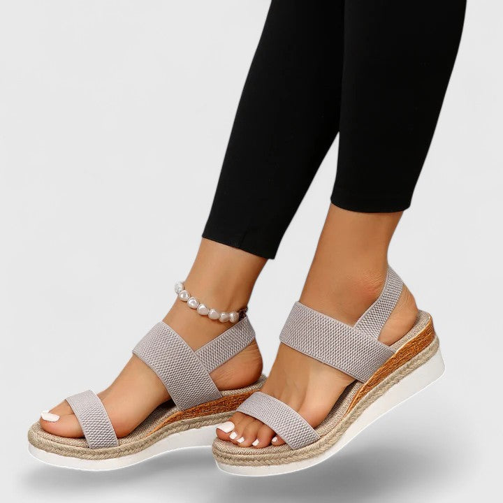 Open-toe orthopedic wedge sandals for women, offering heel pain relief & supportive comfort. Ideal for walking.