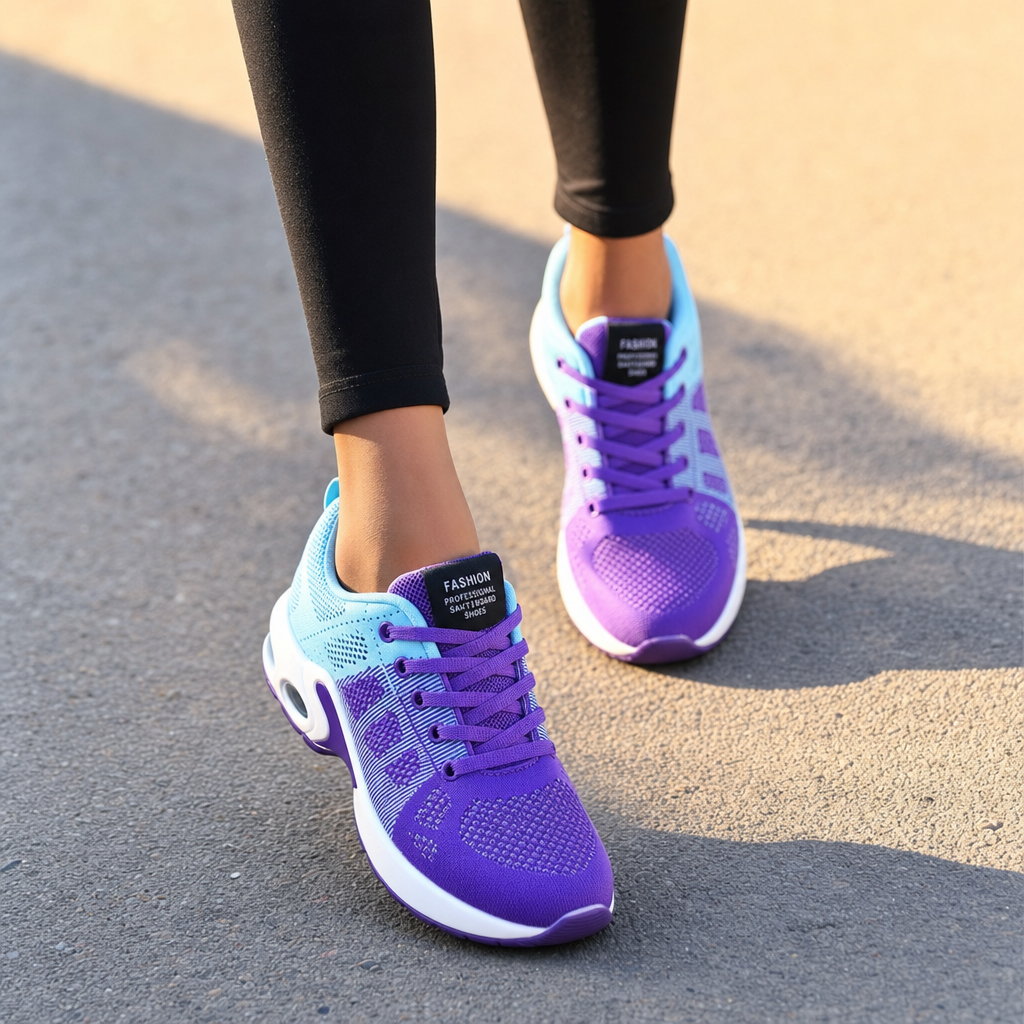 Side view of women's athletic orthopedic running shoes with arch support & shock absorption for all foot types.