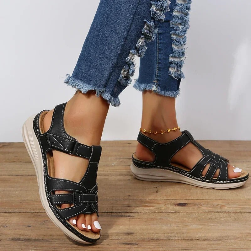 Elegant leather women's orthopedic sandals, designed for pain relief, foot support & daily comfort.