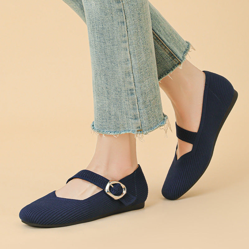 Side view: Comfortable women's square toe Mary Jane flats with orthopedic arch support.