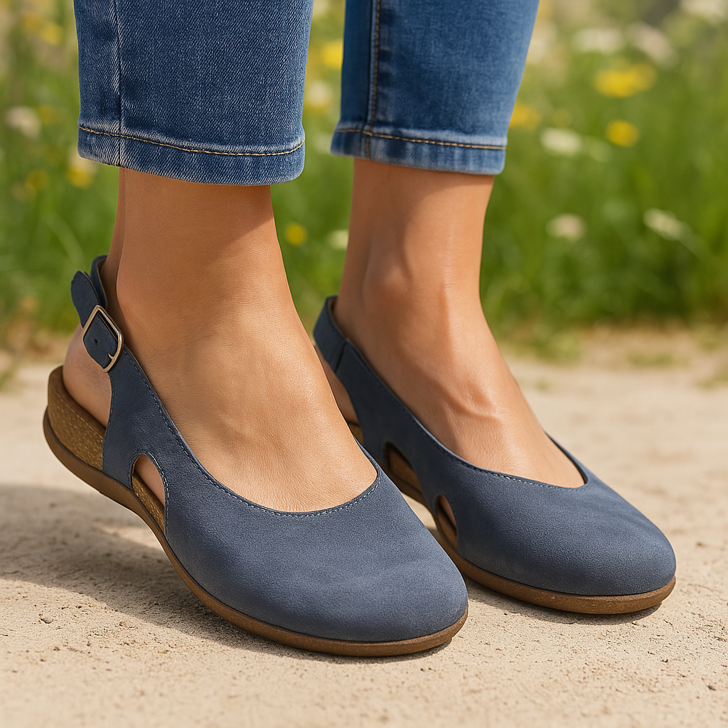 Women's orthopedic support sandals with arch support, adjustable strap, and comfortable foot support for walking.