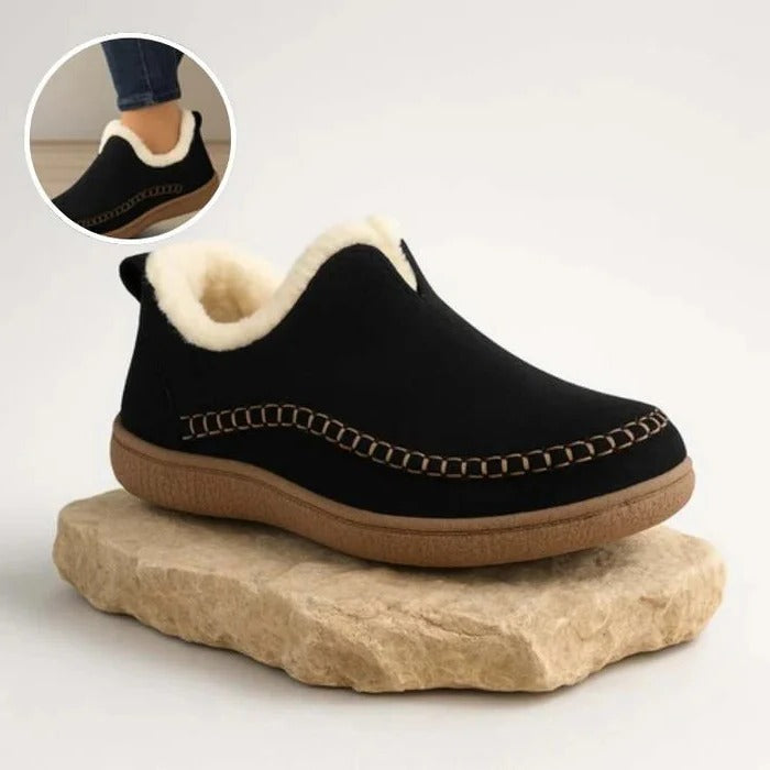 Cozy women's winter slip-on shoes, orthopedic support & cushioned comfort for cold weather walking.