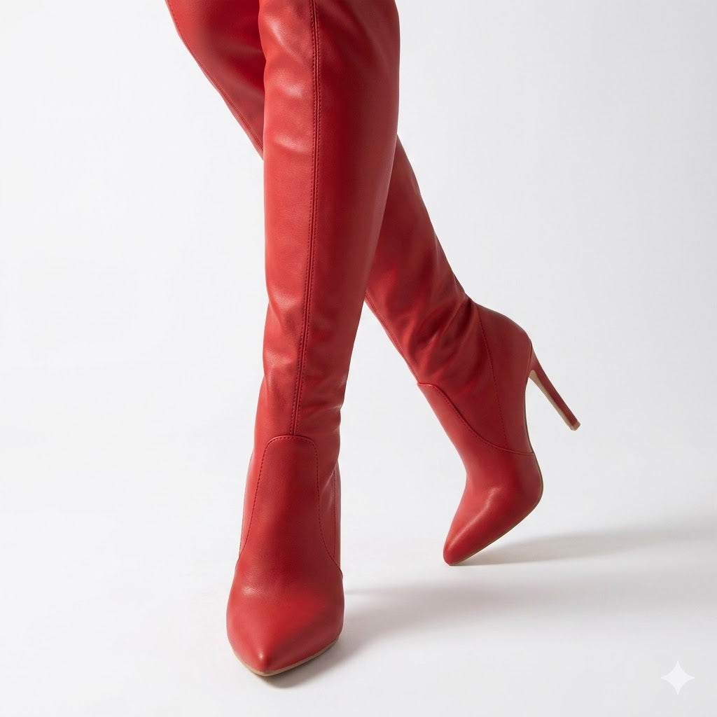 Women's over-the-knee stiletto boots with a pointed toe and slim fit, perfect for evening wear.