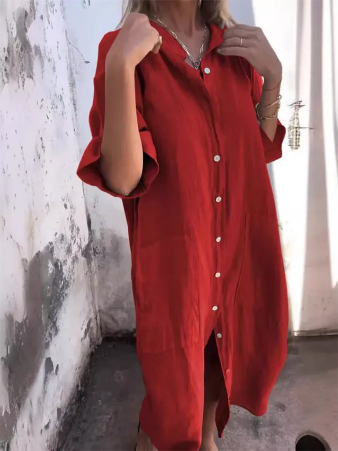 Effortless women's versatile oversized midi button down dress, a comfy shirt dress with roll-tab sleeves.