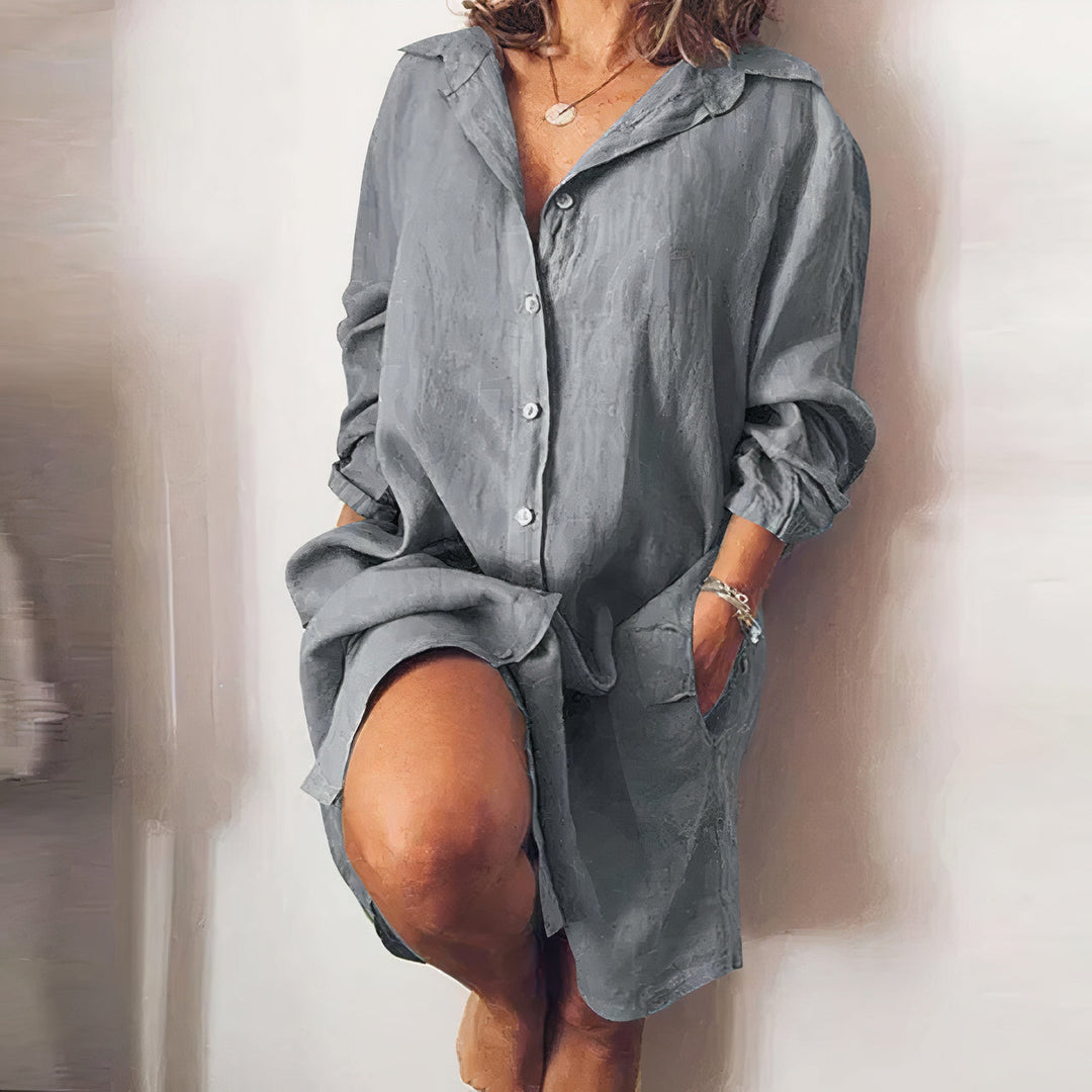 Versatile women's oversized button down midi shirt dress for elegant casual summer fashion.
