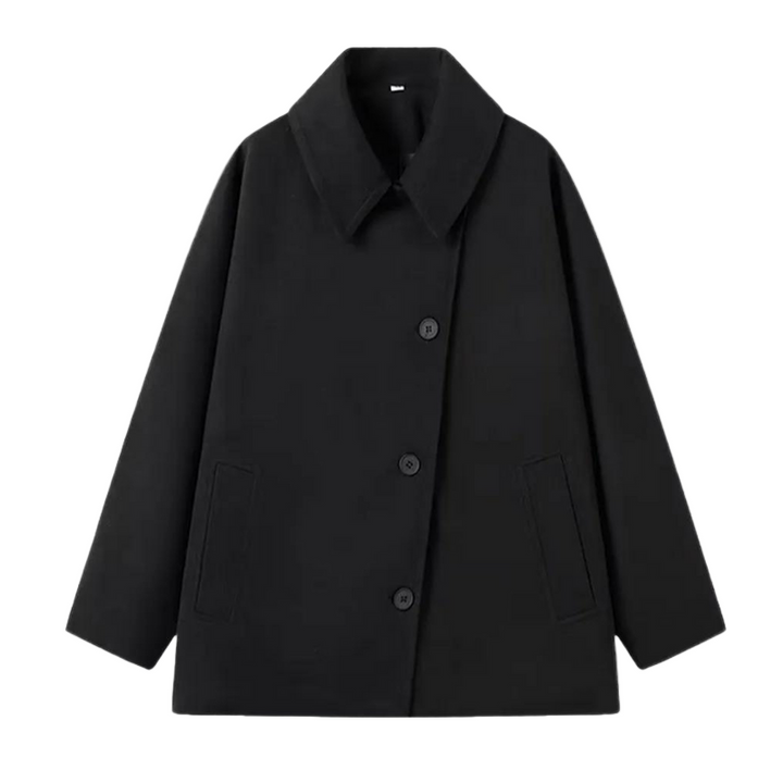 Stylish neutral oversized women's button jacket, perfect casual coat for transitional weather.