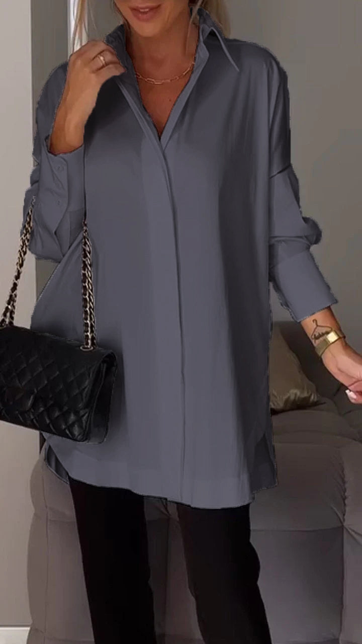 Chic women's apparel: an oversized collar blouse with a comfortable, relaxed fit. Fashionable.