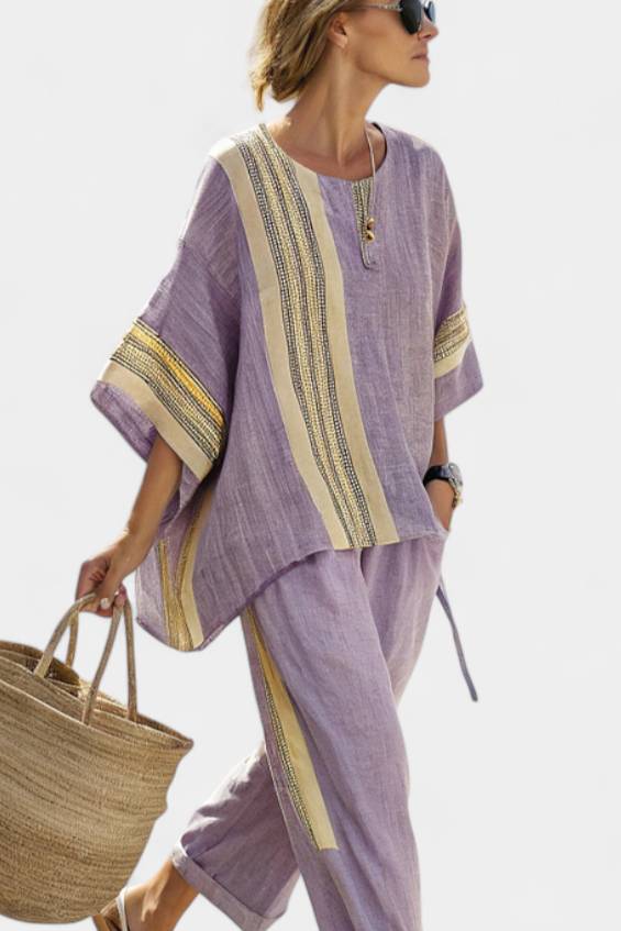 Boho style women's embroidered stripe two piece set, perfect for vacation outfits and casual wear.
