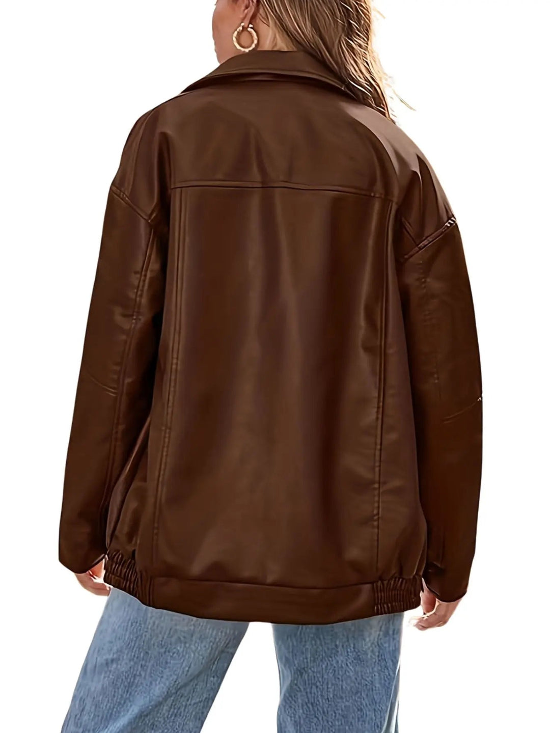 Chic and comfy oversized faux leather bomber jacket for women, ideal for spring outerwear or streetwear.