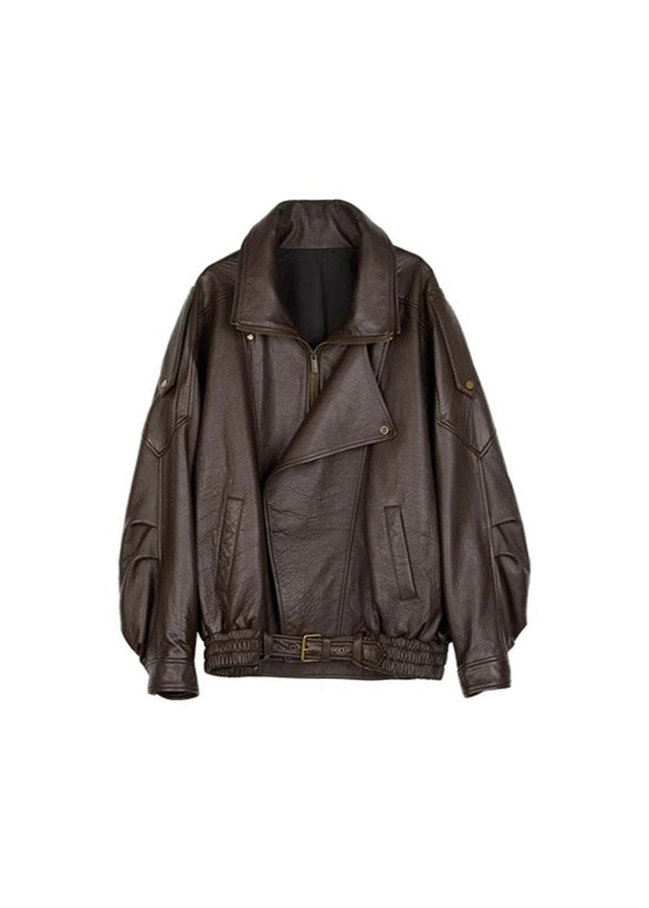 Full shot of a women's brown faux leather bomber, oversized and belted, a trendy fashion jacket.