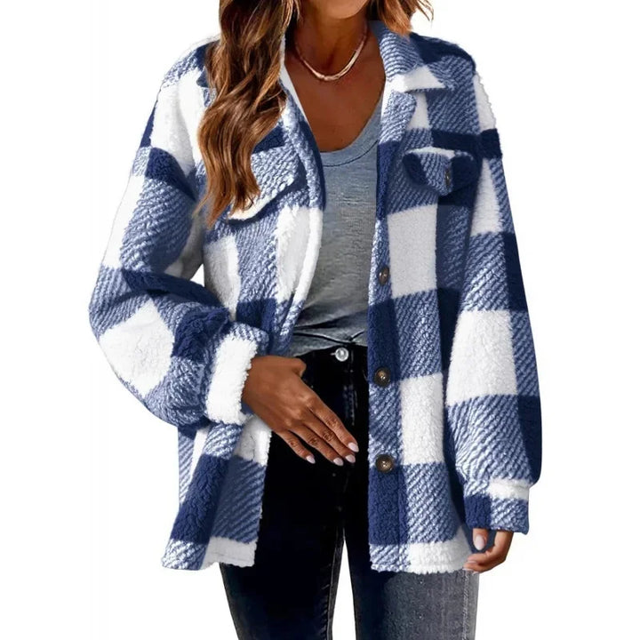 Soft & warm women's oversized plaid fleece shacket, button-up for cozy layering.