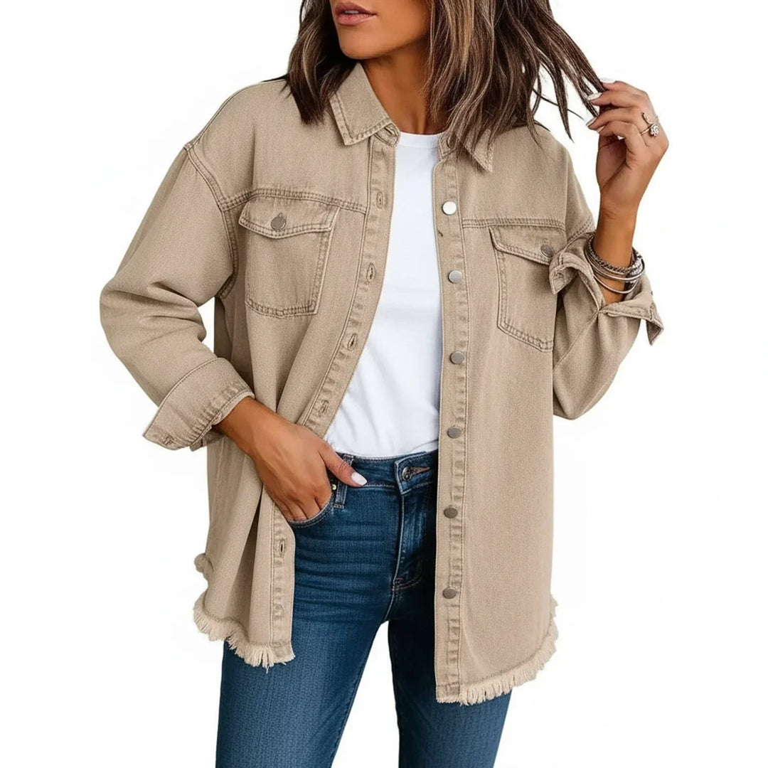 Women's oversized fringe hem shirt jacket, perfect for casual chic layering.