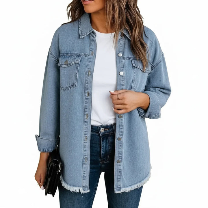 Must-have women's oversized jacket, combines a shirt style with a unique fringe hem design.