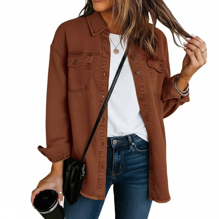 Button-down women's oversized shirt jacket, designed with a stylish fringe hem.