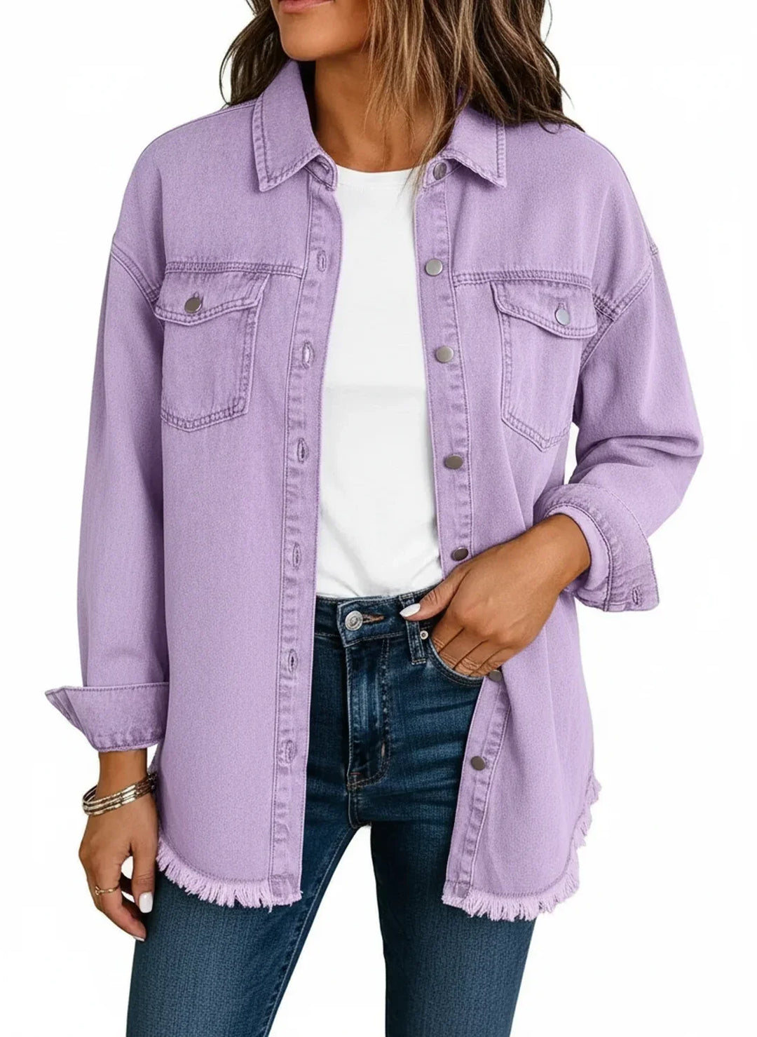 Oversized women's fringe hem shirt jacket, perfect for adding a stylish touch to any outfit.