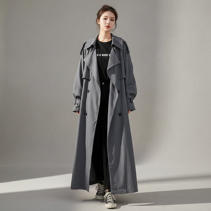 Women's oversized long trench coat in Scarlett, offering an elegant & timeless fall fashion look.