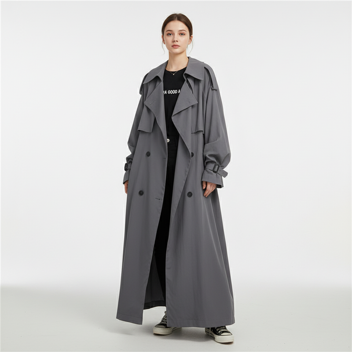 Chic women's oversized trench coat with a loose fit, perfect as a full-length elegant outerwear for fall/winter.