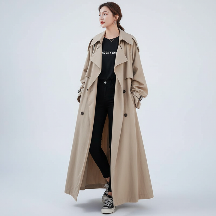Scarlett oversized long trench coat for women, an elegant & comfortable full-length outerwear staple.