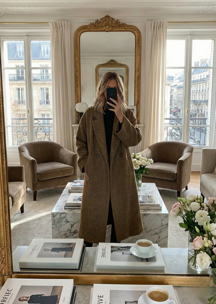 Dynamic view of a women's oversized maxi winter coat. Fashionable longline outerwear, ensuring cozy warmth and classic style.
