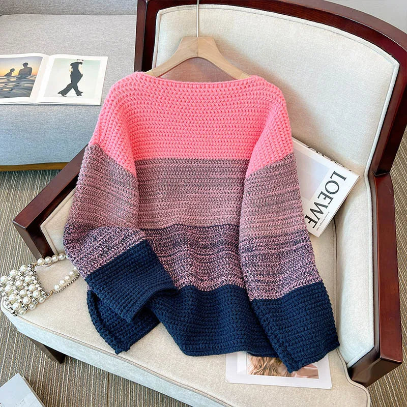 Stylish women's oversized patchwork sweater for autumn/winter. Cozy, trendy top, and casual female apparel.