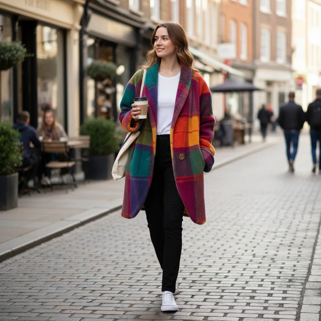 Chic women's oversized plaid jacket offering comfort & style. Ideal longline fashion jacket for autumn.