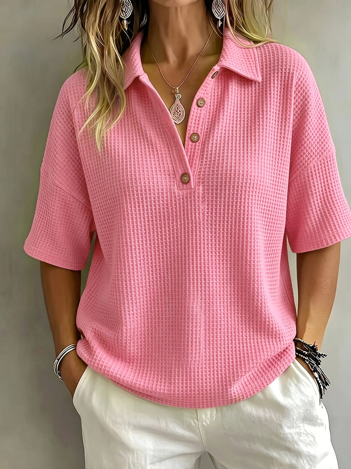 Women's oversized polo top, relaxed fit with drop shoulder, chic casual wear for everyday comfort.
