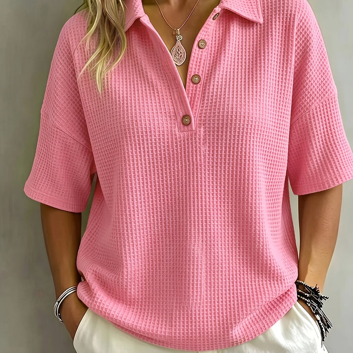Women's oversized polo top, ultimate relaxed fit, button placket, perfect for comfortable everyday casual wear.