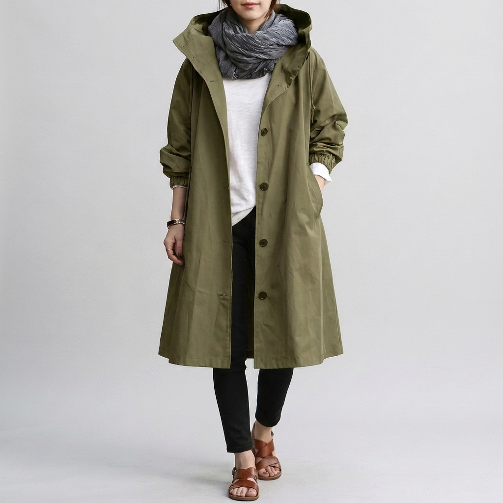 Woman in a chic oversized rain jacket, lightweight & waterproof, perfect for stylish weather protection.