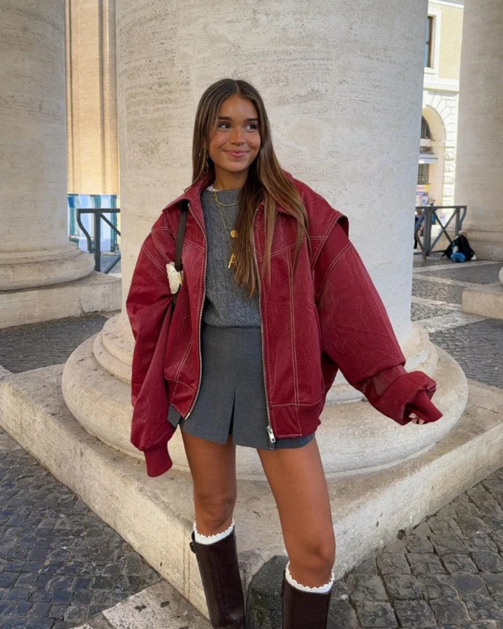 Women's oversized red faux leather bomber jacket, zip-up, casual outerwear for a trendy look