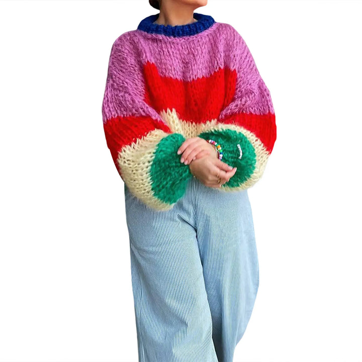 Stylish ladies striped oversized sweater. Perfect for autumn & winter comfort. Cozy long sleeve knitwear.