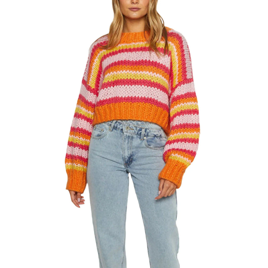 Versatile women's oversized striped jumper. Cozy knit top for autumn/winter. Comfortable long sleeve.