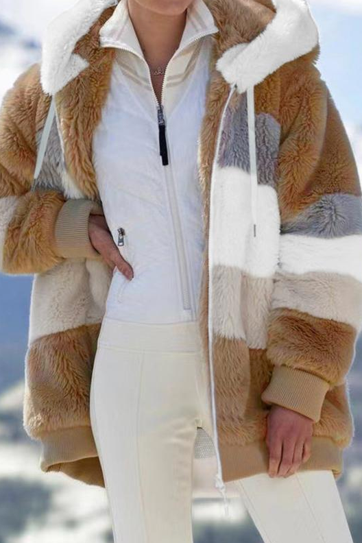 Cozy plush striped hooded jacket for women. An oversized winter statement coat.