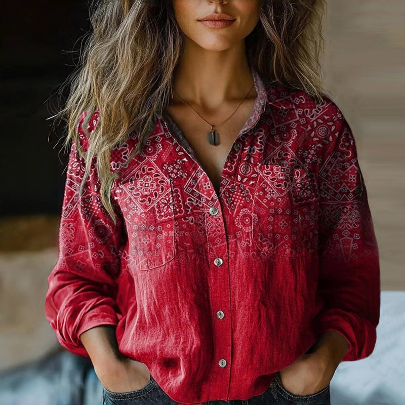 Women's paisley bandana print boho button-down long sleeve blouse. Perfect for casual wear & festivals.