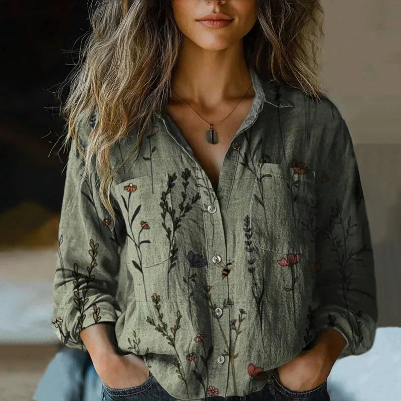 Boho women's long sleeve blouse with unique paisley bandana print, button-down front & relaxed fit.