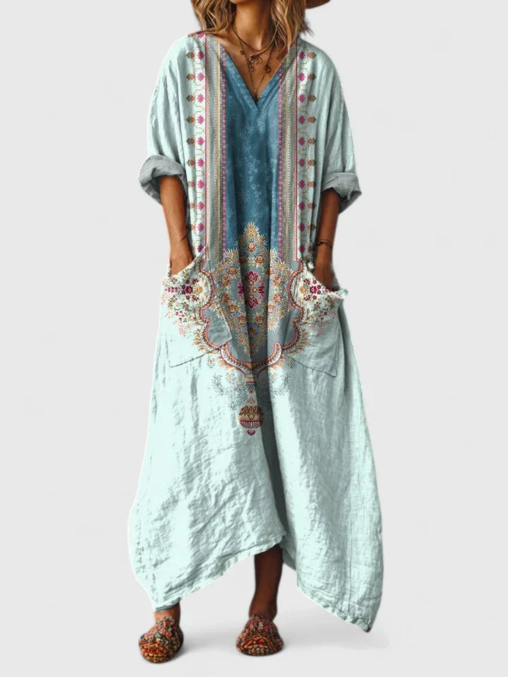Comfortable V-neck paisley print oversized maxi dress for women, ideal for casual summer bohemian style.