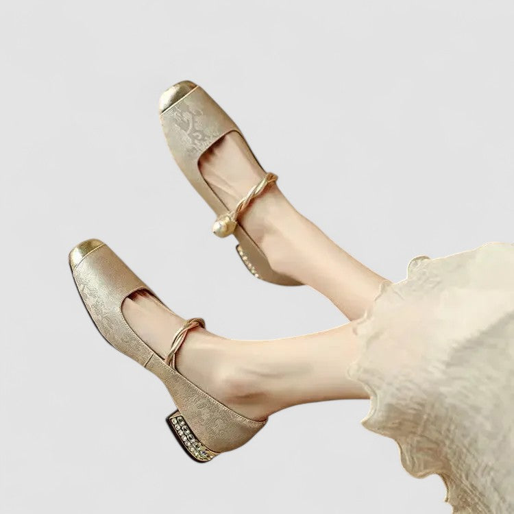 Full view of Women's Pearl Strap Block Heels, designed for all-day versatile wear