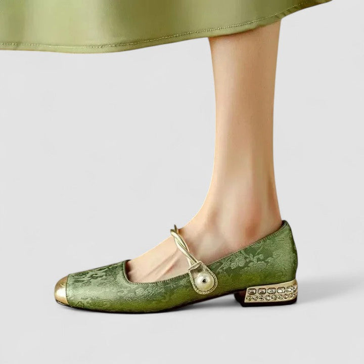 Close-up of pearl embellished strap on Women's Block Heels, versatile and stylish