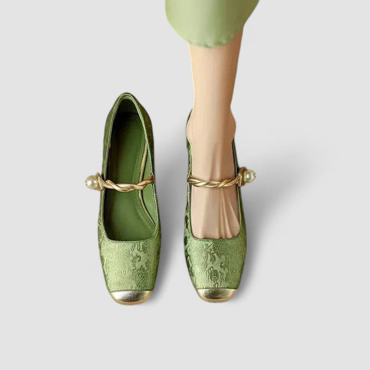 Side view of Women's Pearl Strap Block Heels, perfect for casual or daytime wear