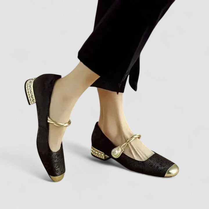 Top-down view of Women's Pearl Strap Block Heels, ideal elegant footwear