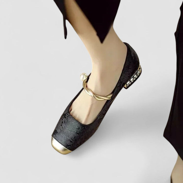 Women's Pearl Strap Block Heels styled with a summer dress, chic and versatile