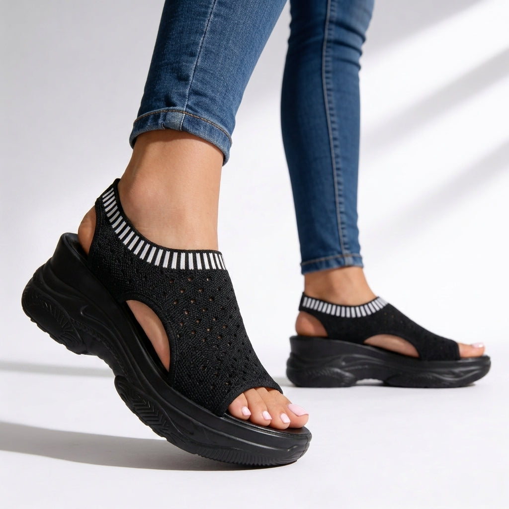 Women's peep toe wedge platform sandals. Comfortable slip-on walking shoes, perfect for casual summer elevated style.