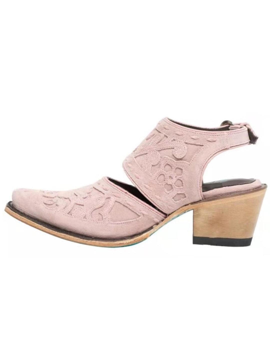 Women's pink embroidered snip toe ankle cowgirl boots. Stylish western fashion boots with intricate stitching detail.