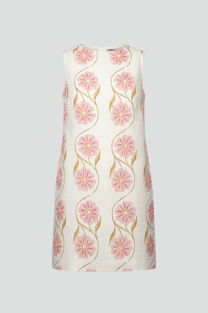 Women's pink floral print mini dress, sleeveless A-line for summer comfort. Casual & feminine vacation wear.