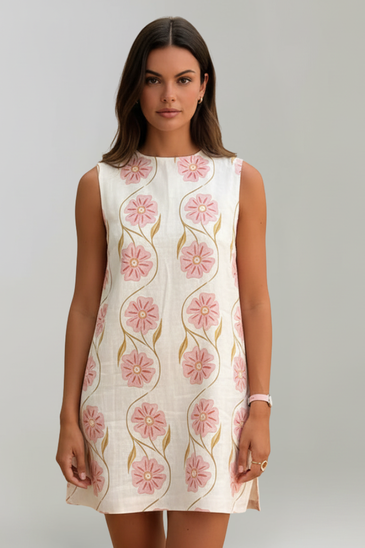 Sleeveless pink floral print mini dress with round neck, perfect for spring/summer casual wear & vacation.