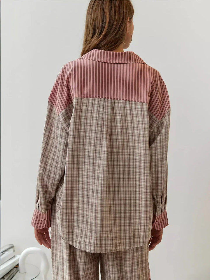 Close-up of pink plaid fabric on women's co-ord set, showcasing pattern and texture