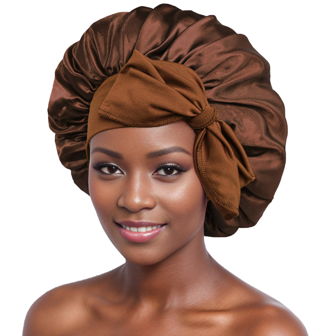 Women's black and white polka dot satin bonnet, adjustable for comfortable night wear
