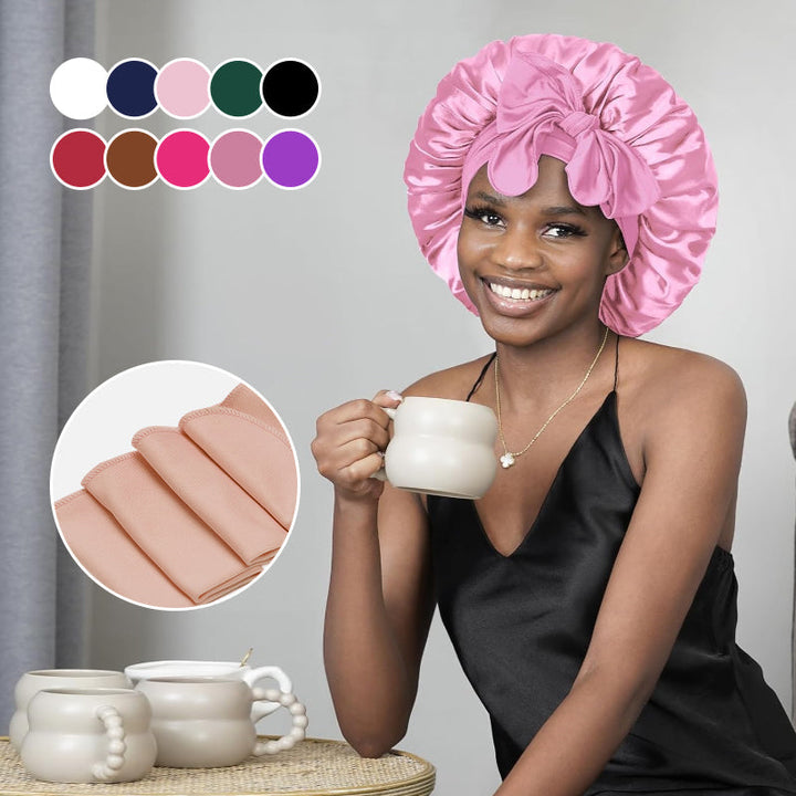 Reversible black and gold satin bonnet, ideal for anti-breakage hair care in women