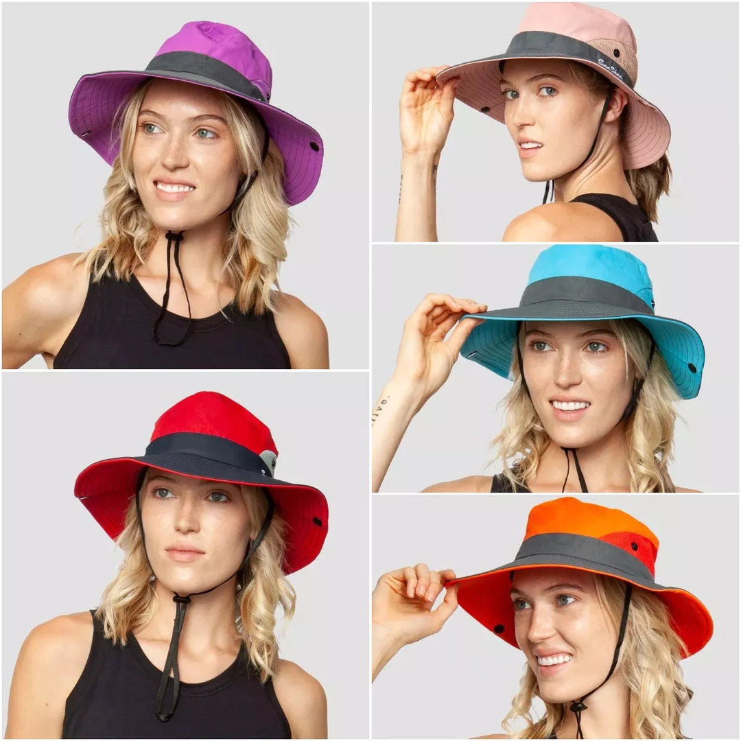 Women's pink UV protection foldable sun hat for outdoor activities, wide brim, ponytail opening