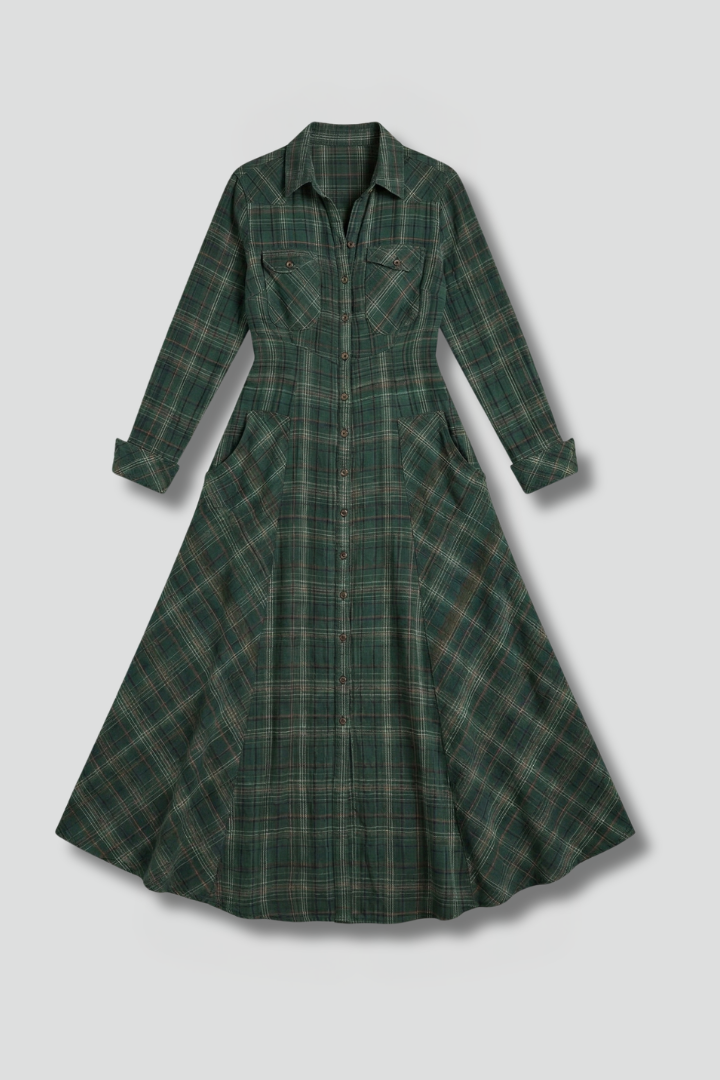 Women's plaid button-front maxi dress with long sleeves, collared neckline, and relaxed fit for casual style.