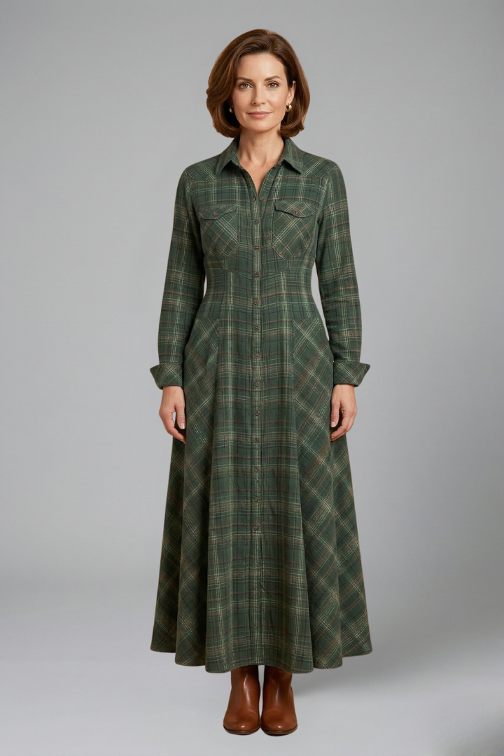 Elegant women's plaid full-length maxi dress featuring a button-front closure, long sleeves, and a collared design.